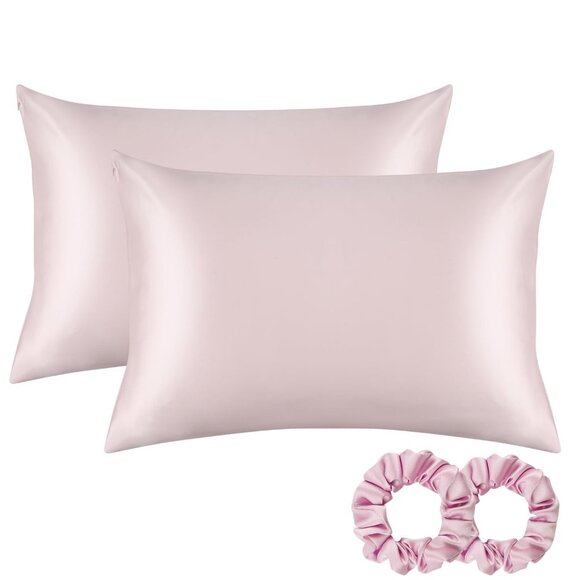Alaska Bear 2 Standard Mulberry Silk Pillowcase and 2 Hair Scrunchies Pink NEW - Picture 1 of 2